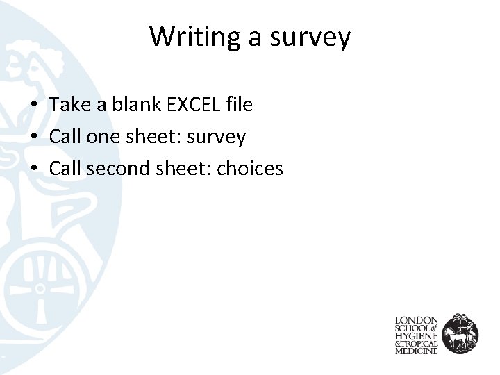 Writing a survey • Take a blank EXCEL file • Call one sheet: survey