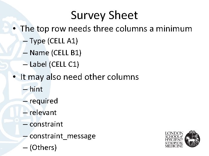 Survey Sheet • The top row needs three columns a minimum – Type (CELL