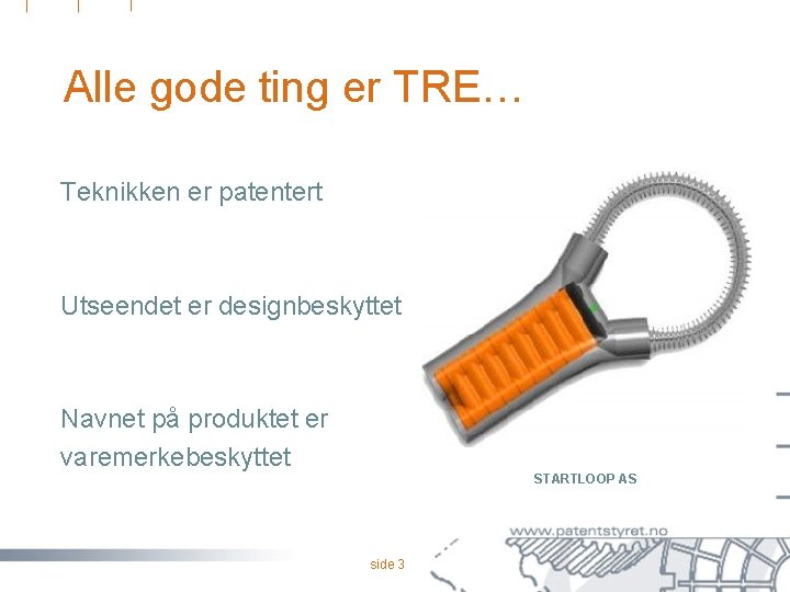 Alle gode ting er TRE… Teknikken er patentert Utseendet er designbeskyttet Navnet på produktet