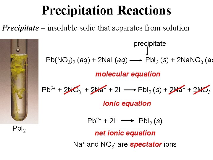 Precipitation Reactions Precipitate – insoluble solid that separates from solution precipitate Pb(NO 3)2 (aq)
