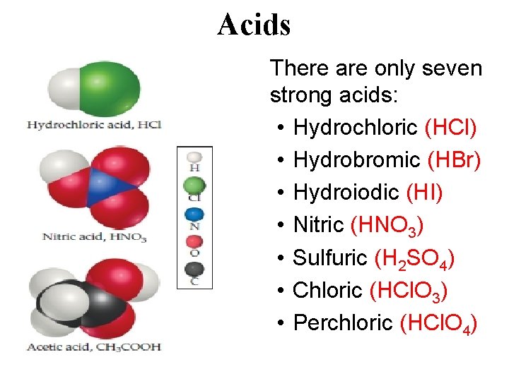 Acids There are only seven strong acids: • Hydrochloric (HCl) • Hydrobromic (HBr) •