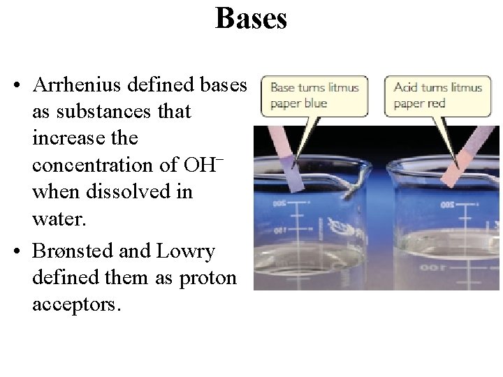 Bases • Arrhenius defined bases as substances that increase the concentration of OH− when