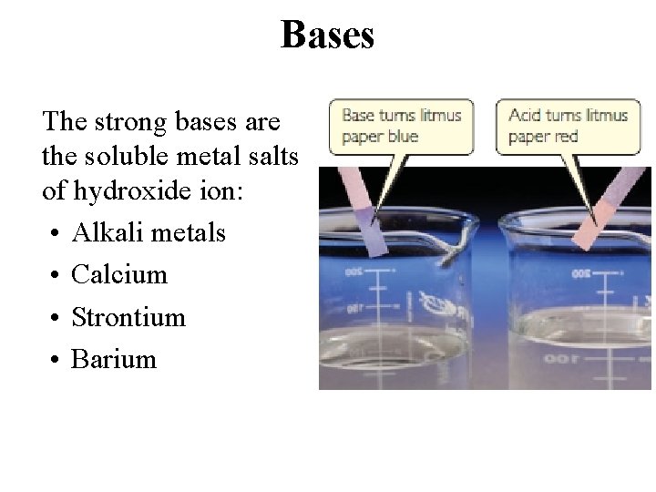 Bases The strong bases are the soluble metal salts of hydroxide ion: • Alkali