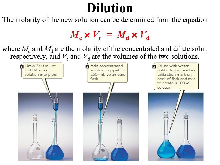 Dilution The molarity of the new solution can be determined from the equation Mc