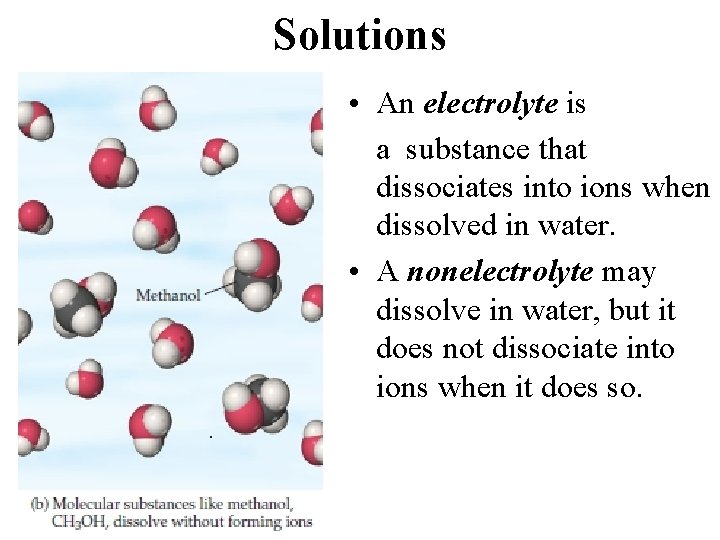 Solutions • An electrolyte is a substance that dissociates into ions when dissolved in