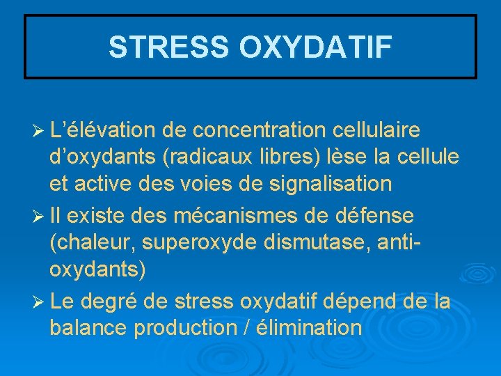 STRESS OXYDATIF Ø L’élévation de concentration cellulaire d’oxydants (radicaux libres) lèse la cellule et