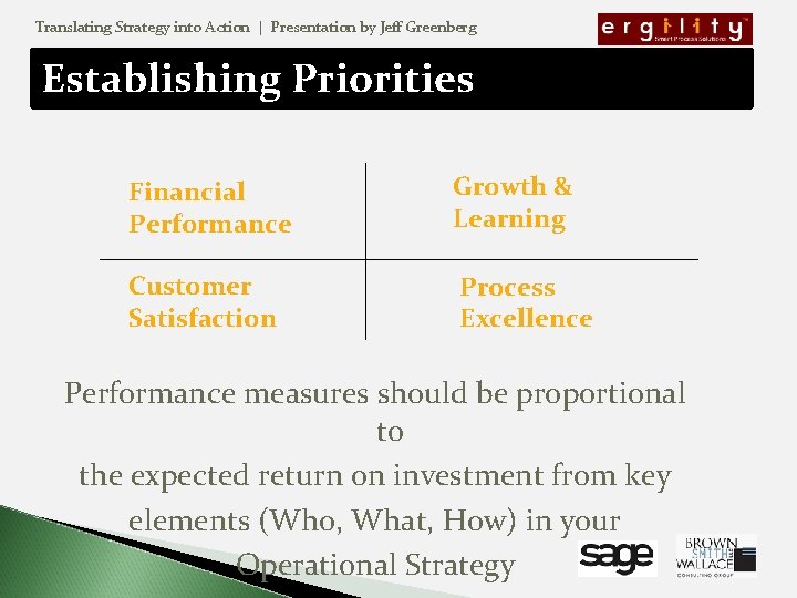 Translating Strategy into Action | Presentation by Jeff Greenberg Establishing Priorities Financial Performance Growth