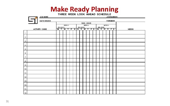 Make Ready Planning 31 