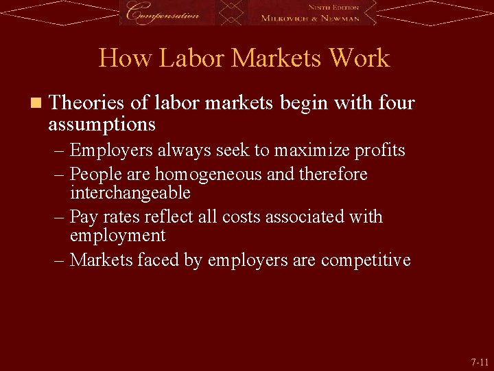 How Labor Markets Work n Theories of labor markets begin with four assumptions –