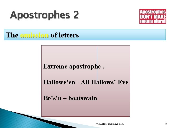 Apostrophes 2 The omission of letters � Wouldn’t - would not � Couldn’t -