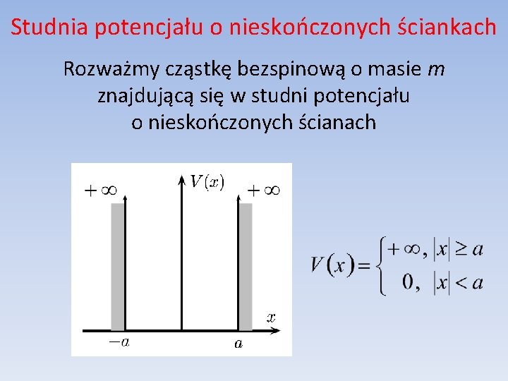 Studnia potencjału o nieskończonych ściankach Rozważmy cząstkę bezspinową o masie m znajdującą się w