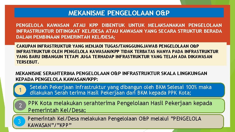 MEKANISME PENGELOLAAN O&P PENGELOLA KAWASAN ATAU KPP DIBENTUK UNTUK MELAKSANAKAN PENGELOLAAN INFRASTRUKTUR DITINGKAT KEL/DESA
