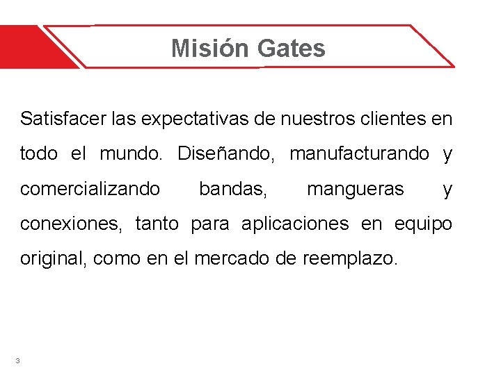 Misión Gates Satisfacer las expectativas de nuestros clientes en todo el mundo. Diseñando, manufacturando Misión Gates Satisfacer las expectativas de nuestros clientes en todo el mundo. Diseñando, manufacturando