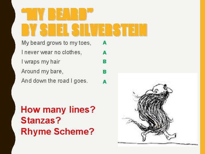 “MY BEARD” BY SHEL SILVERSTEIN My beard grows to my toes, A I never