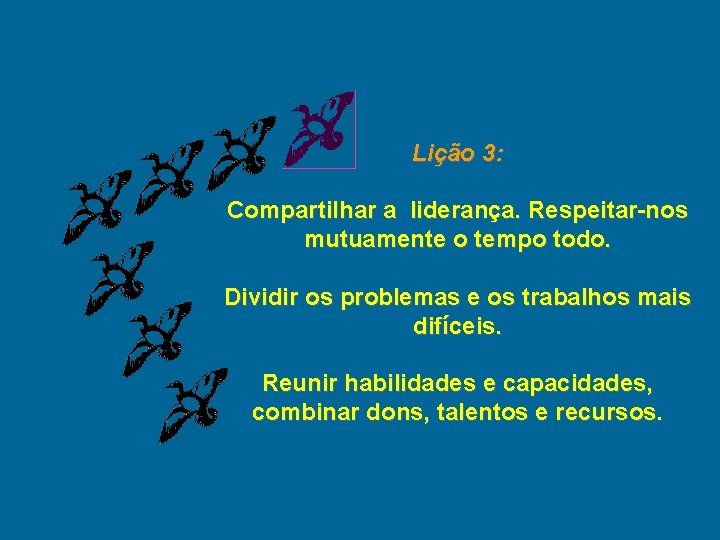 Lição 3: Compartilhar a liderança. Respeitar-nos mutuamente o tempo todo. Dividir os problemas e