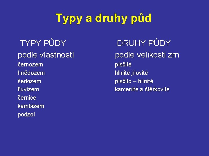 Typy a druhy půd TYPY PŮDY podle vlastností DRUHY PŮDY podle velikosti zrn černozem