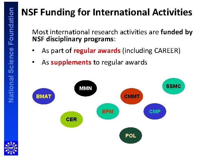 National Science Foundation NSF Funding for International Activities Most international research activities are funded