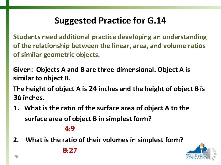 Suggested Practice for G. 14 Students need additional practice developing an understanding of the
