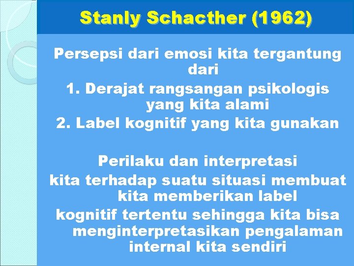 Stanly Schacther (1962) Persepsi dari emosi kita tergantung dari 1. Derajat rangsangan psikologis yang
