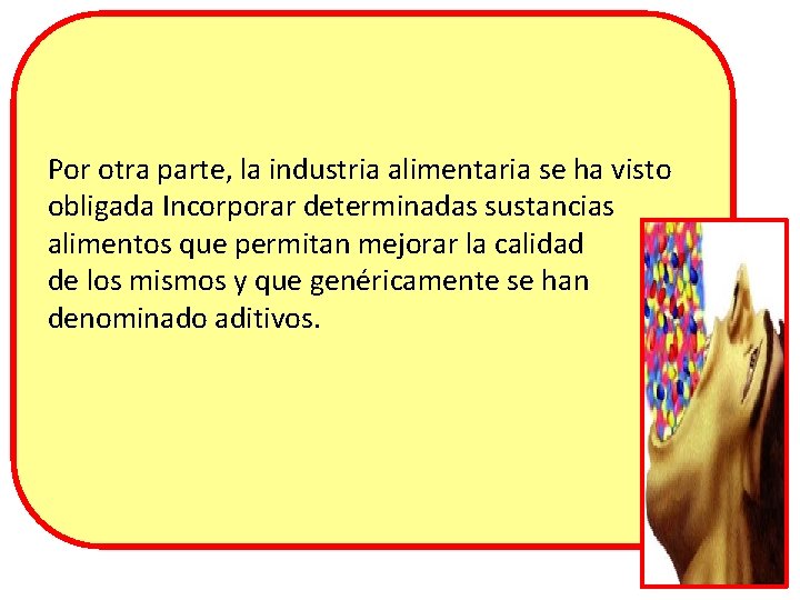 Por otra parte, la industria alimentaria se ha visto obligada Incorporar determinadas sustancias alimentos Por otra parte, la industria alimentaria se ha visto obligada Incorporar determinadas sustancias alimentos