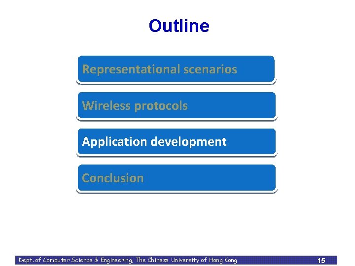 Outline Representational scenarios Wireless protocols Application development Conclusion Dept. of Computer Science & Engineering,