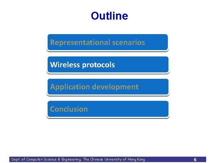 Outline Representational scenarios Wireless protocols Application development Conclusion Dept. of Computer Science & Engineering,