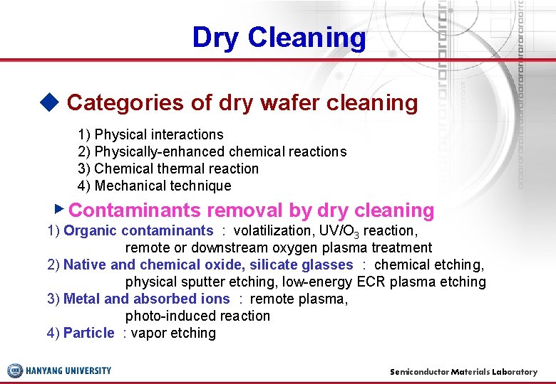 Dry Cleaning ◆ Categories of dry wafer cleaning 1) Physical interactions 2) Physically-enhanced chemical