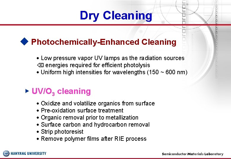 Dry Cleaning ◆ Photochemically-Enhanced Cleaning Low pressure vapor UV lamps as the radiation sources