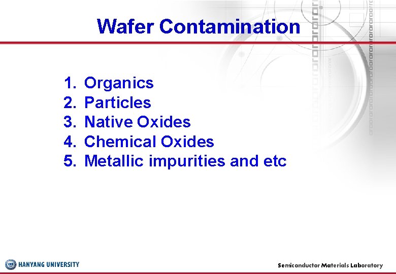 Wafer Contamination 1. 2. 3. 4. 5. Organics Particles Native Oxides Chemical Oxides Metallic