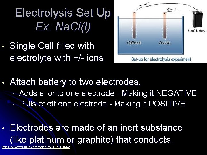 Electrolysis Set Up Ex: Na. Cl(l) • Single Cell filled with electrolyte with +/-