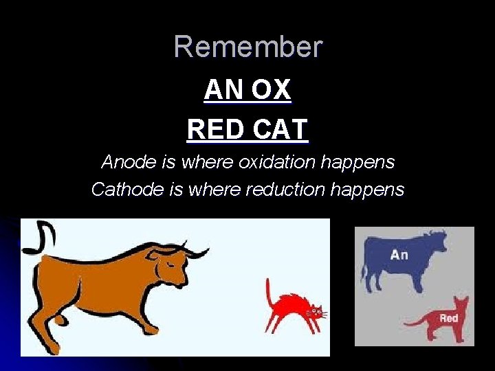 Remember AN OX RED CAT Anode is where oxidation happens Cathode is where reduction