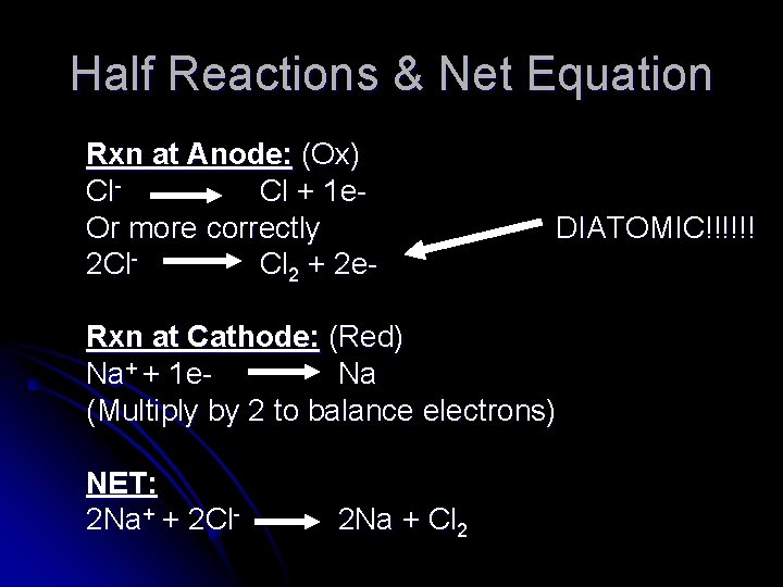 Half Reactions & Net Equation Rxn at Anode: (Ox) Cl Cl + 1 e.