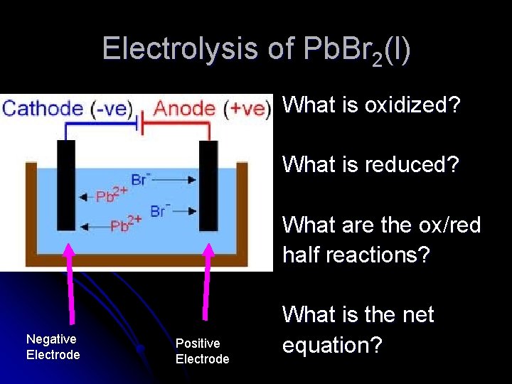 Electrolysis of Pb. Br 2(l) What is oxidized? What is reduced? What are the