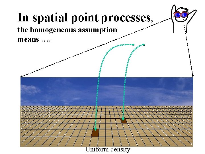 In spatial point processes, the homogeneous assumption means …. Uniform density 