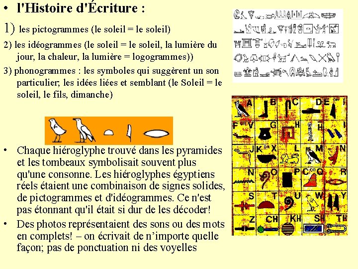  • l'Histoire d'Écriture : 1) les pictogrammes (le soleil = le soleil) 2)