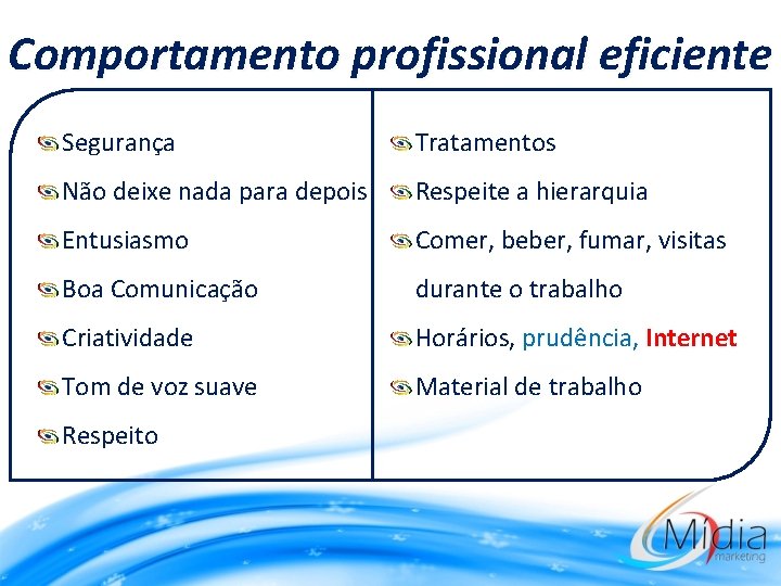 Comportamento profissional eficiente Segurança Tratamentos Não deixe nada para depois Respeite a hierarquia Entusiasmo