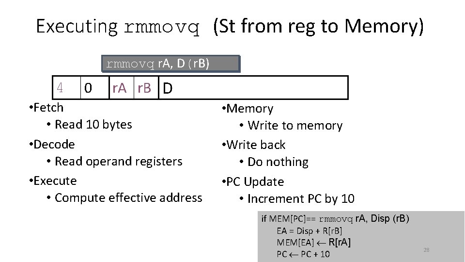 Executing rmmovq (St from reg to Memory) rmmovq r. A, D(r. B) 4 0