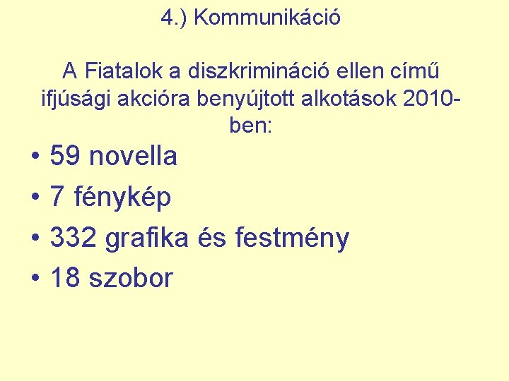 4. ) Kommunikáció A Fiatalok a diszkrimináció ellen című ifjúsági akcióra benyújtott alkotások 2010