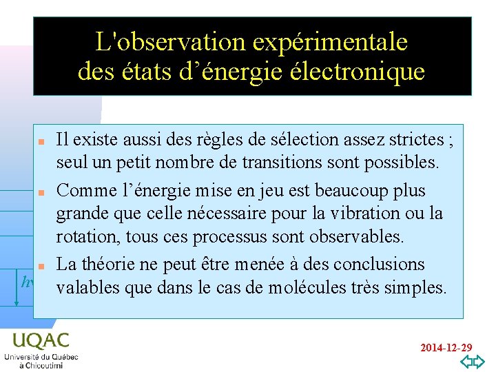 L'observation expérimentale des états d’énergie électronique Il existe aussi des règles de sélection assez