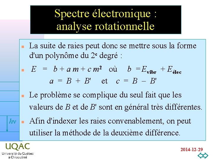 Spectre électronique : analyse rotationnelle n n n hn v=0 n La suite de