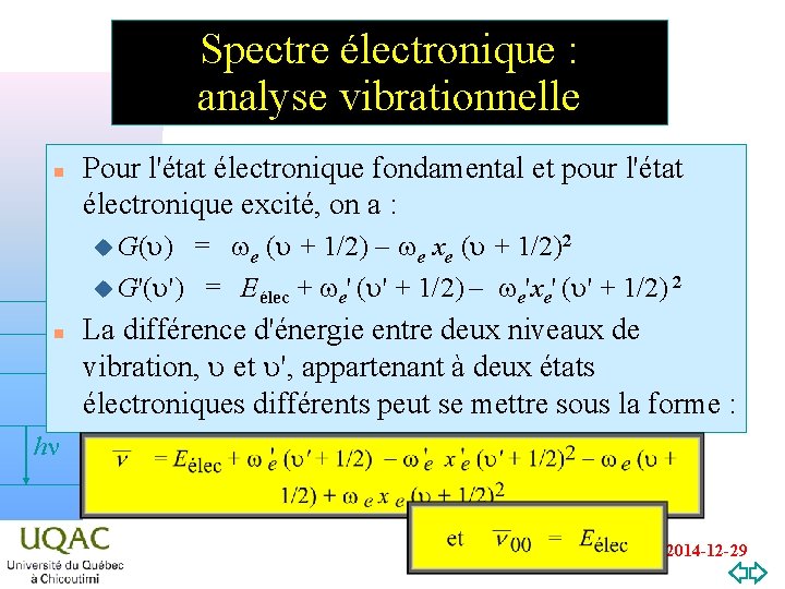 Spectre électronique : analyse vibrationnelle n Pour l'état électronique fondamental et pour l'état électronique