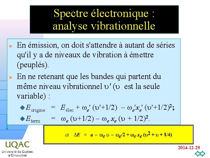 Spectre électronique : analyse vibrationnelle n n En émission, on doit s'attendre à autant