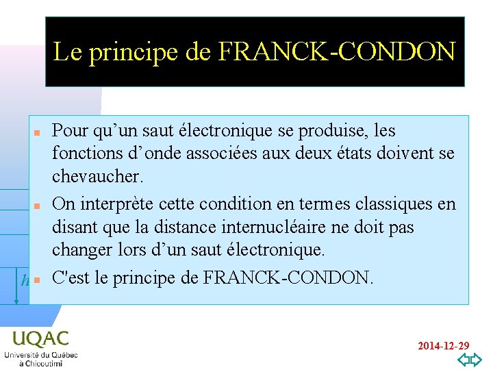 Le principe de FRANCK-CONDON Pour qu’un saut électronique se produise, les fonctions d’onde associées