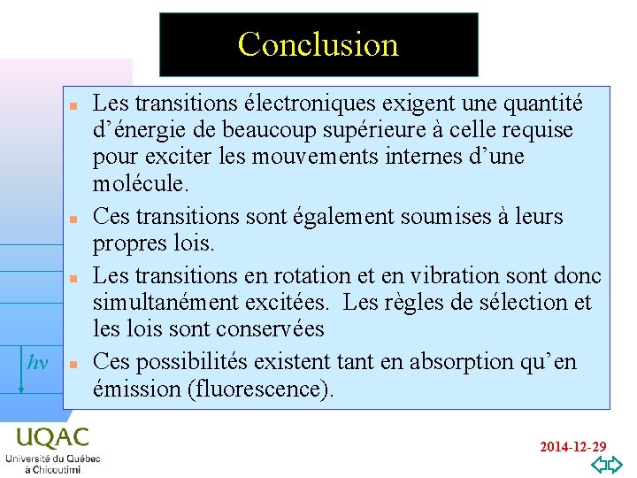 Conclusion n hn v=0 n Les transitions électroniques exigent une quantité d’énergie de beaucoup
