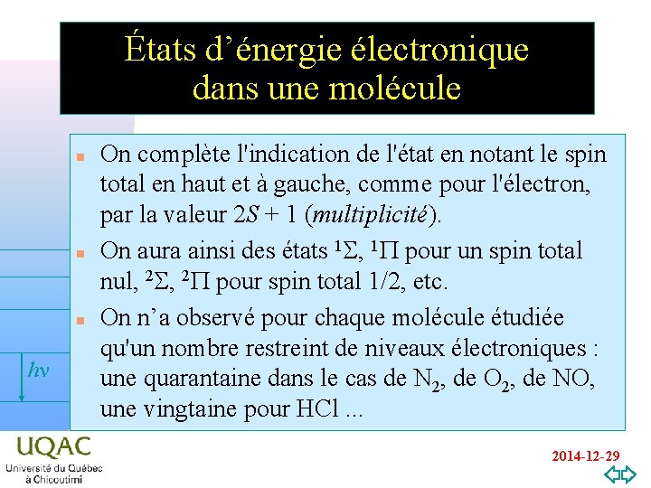 États d’énergie électronique dans une molécule n n n hn v=0 On complète l'indication