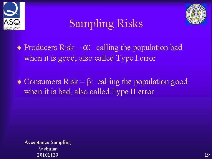Sampling Risks ¨ Producers Risk – α: calling the population bad when it is