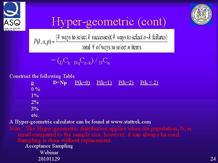 Hyper-geometric (cont) = ( DC k Nq. Cn-k) / NC n Construct the following