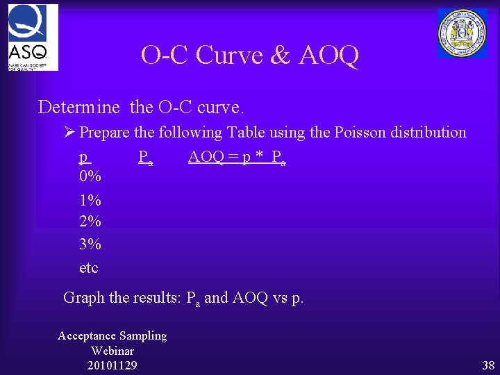 O-C Curve & AOQ Determine the O-C curve. Ø Prepare the following Table using