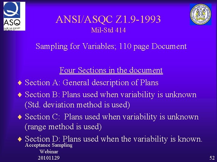 ANSI/ASQC Z 1. 9 -1993 Mil-Std 414 Sampling for Variables; 110 page Document Four
