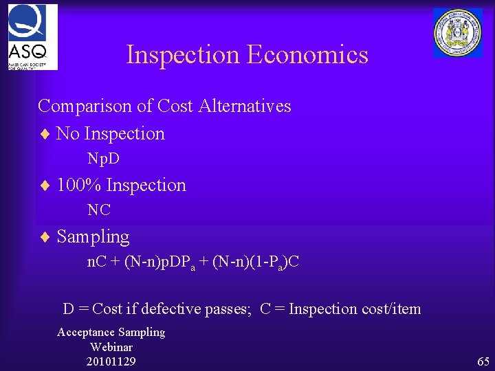 Inspection Economics Comparison of Cost Alternatives ¨ No Inspection Np. D ¨ 100% Inspection